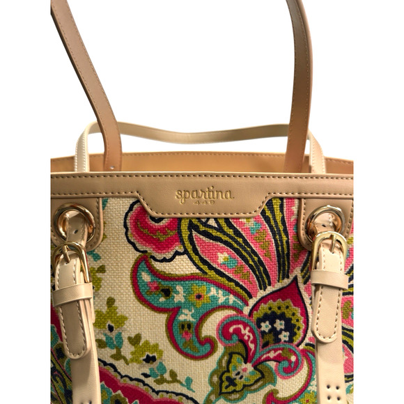 Spartina 449 Daufuskie Island Paisley Linen Tote Bag Purse w/ New Leather Straps - Picture 3 of 9